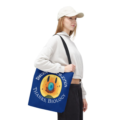 Biology Cell Division Tote Bag, Blue Canvas Bag with Smiley Face Cell, Funny Cell Bio Gift