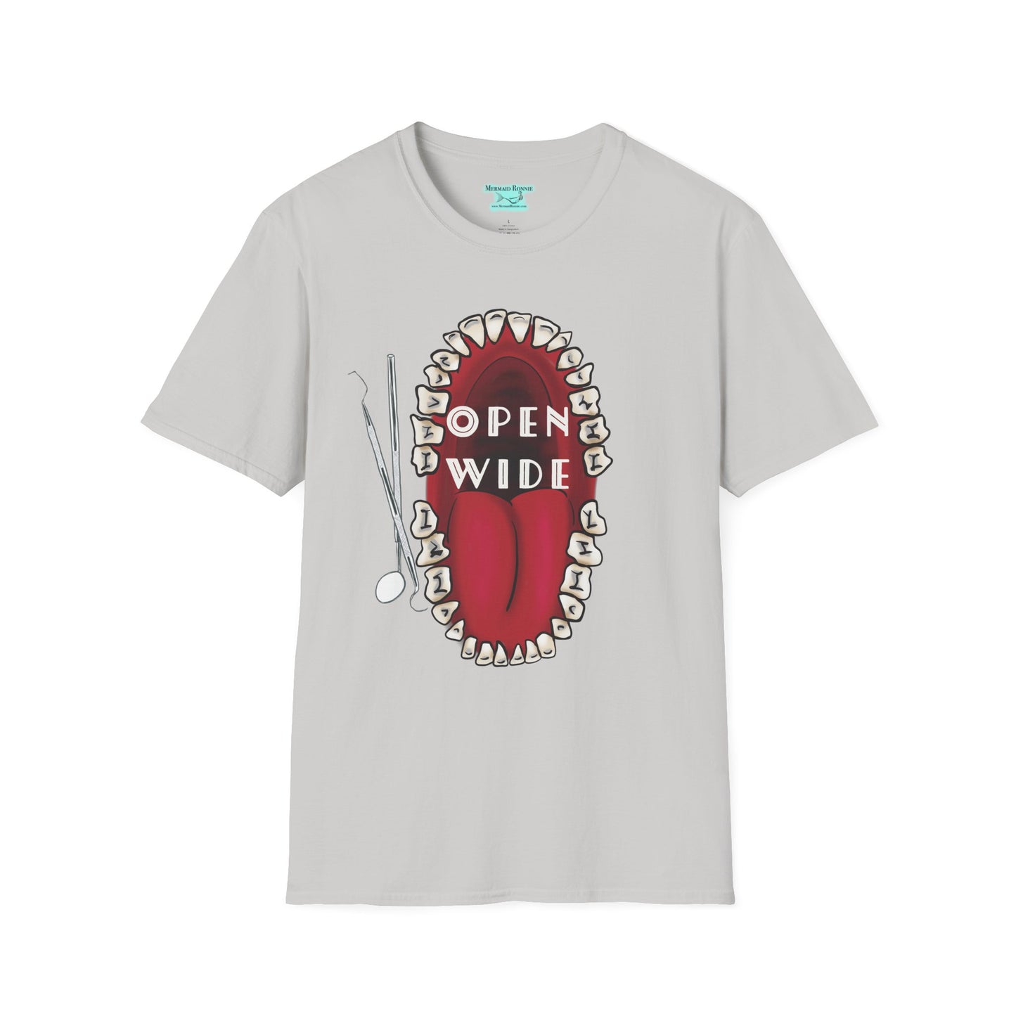 Dental Professional T-Shirt, Open Wide Design with Teeth and Dental Tools for Dentists and Dental Hygienists