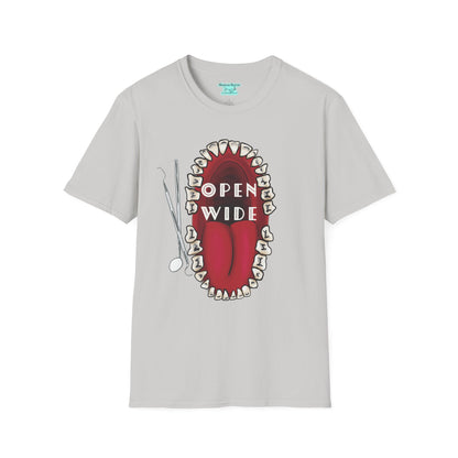 Dental Professional T-Shirt, Open Wide Design with Teeth and Dental Tools for Dentists and Dental Hygienists