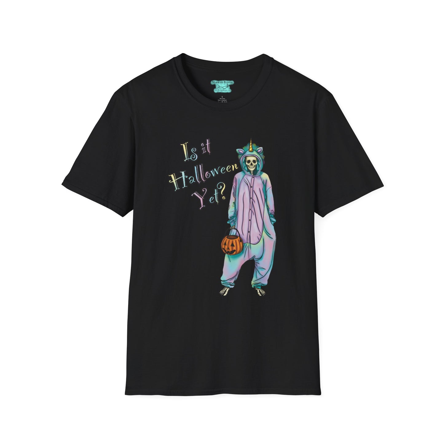 Halloween Skeleton T-Shirt, Pastel ‘Is it Halloween yet?’ Tee, Whimsical Unicorn Costume Design