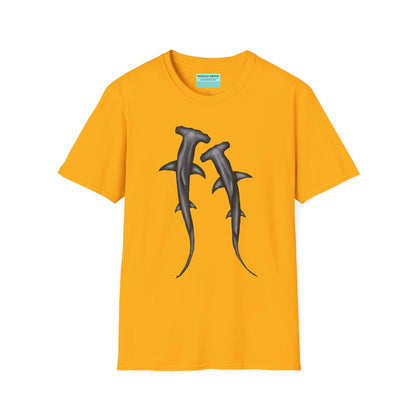 Yellow t-shirt featuring an illustration of two hammerhead sharks.