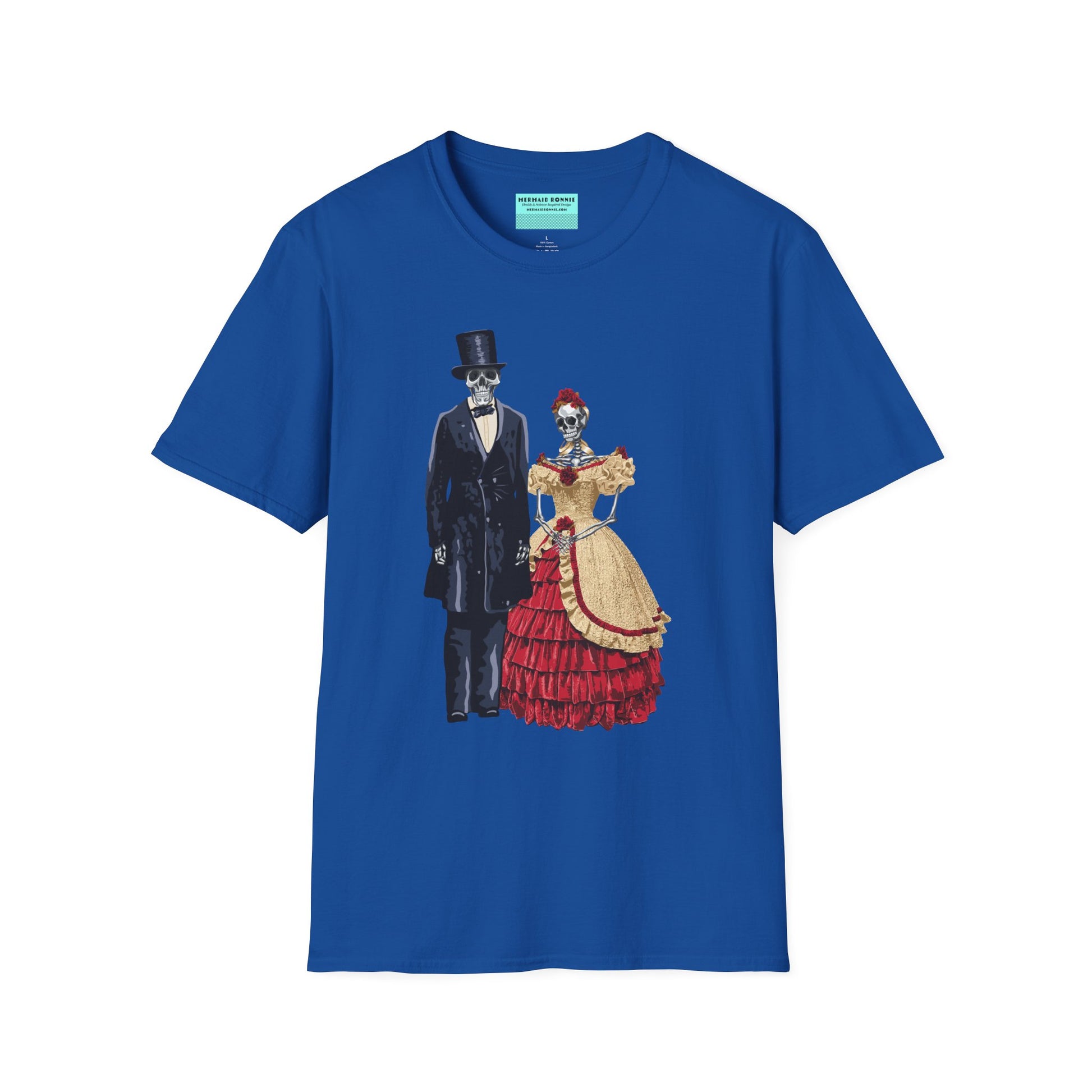 Blue t-shirt featuring skeletons dressed as Abraham and Mary Todd Lincoln, with the skeletons wearing period-specific clothing.