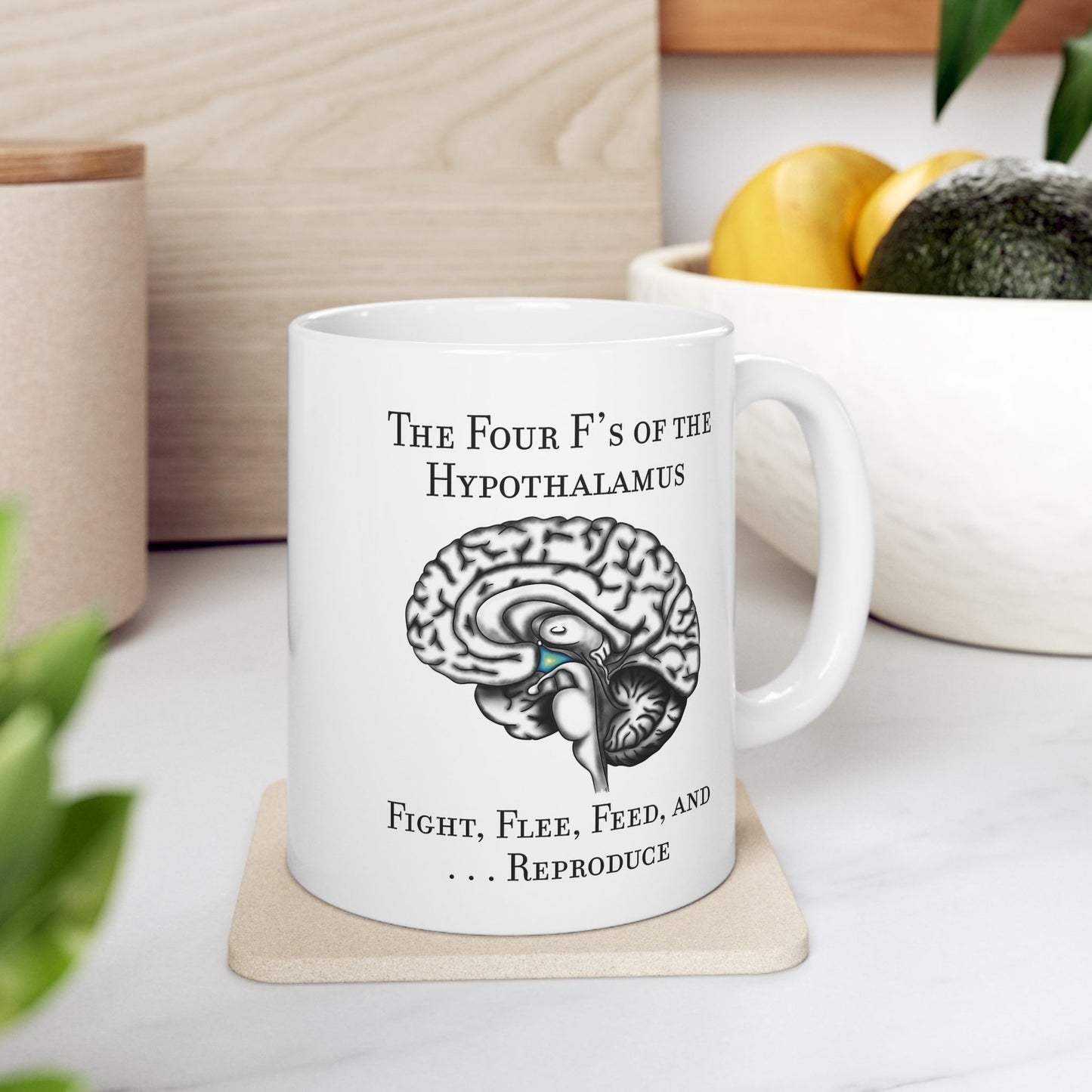 Funny Neuroscience Ceramic Mug: 4 F's of the Hypothalamus Joke, Neurology, Neuroanatomy, Brain Anatomy Gift