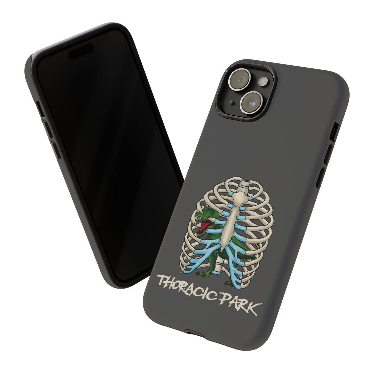 Thoracic Park Phone Case, Dinosaur In Rib Cage Anatomy Pun, Grey Protective Cover for iPhone, Google Pixel, Samsung Galaxy