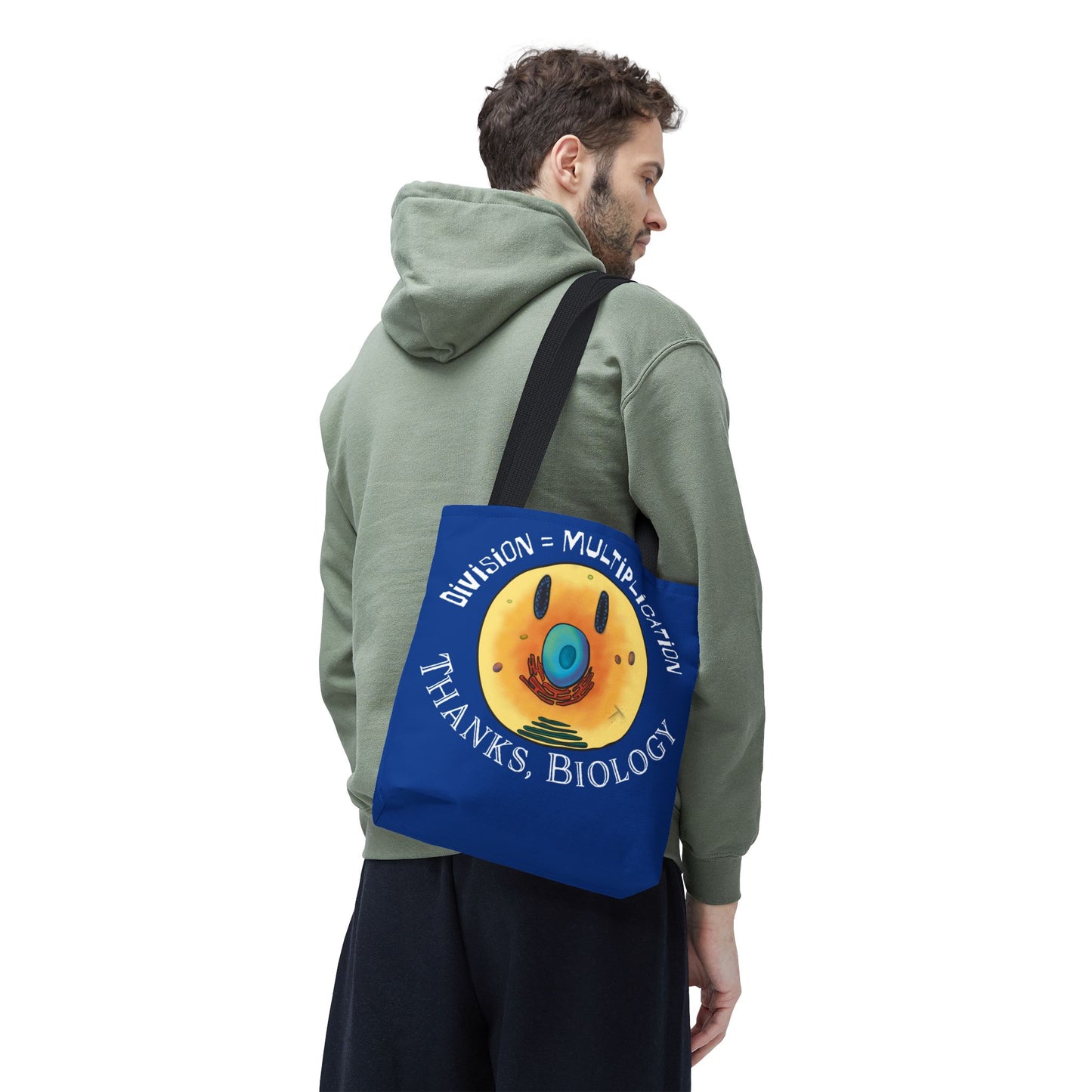 Biology Cell Division Tote Bag, Blue Canvas Bag with Smiley Face Cell, Funny Cell Bio Gift
