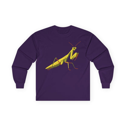 Long sleeve unisex purple shirt featuring an illustration of a yellow and green praying mantis insect on the front.