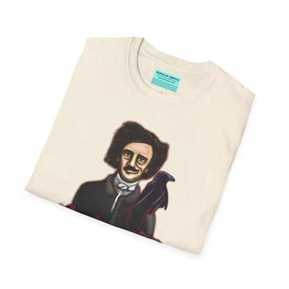 Folded beige t-shirt featuring a drawing of Edgar Allan Poe with a raven perched nearby and red roses surrounding them, along with the quote 'All that we see or seem is but a dream within a dream.'