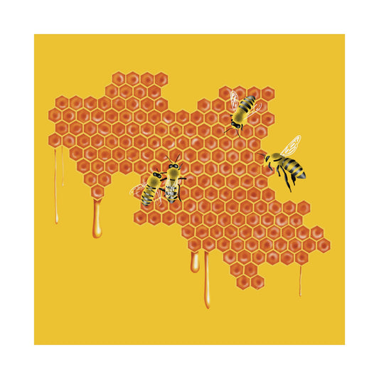 Honeybees on Honeycomb Wall Art Print, Dripping Honey, Yellow and Orange Nature Poster
