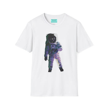White t-shirt featuring a drawing of an astronaut in a space suit.