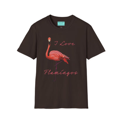 Brown unisex short-sleeve tee with a fabulously pink flamingo strutting its stuff and the words “I love flamingos” — for anyone whose spirit animal stands on one leg.