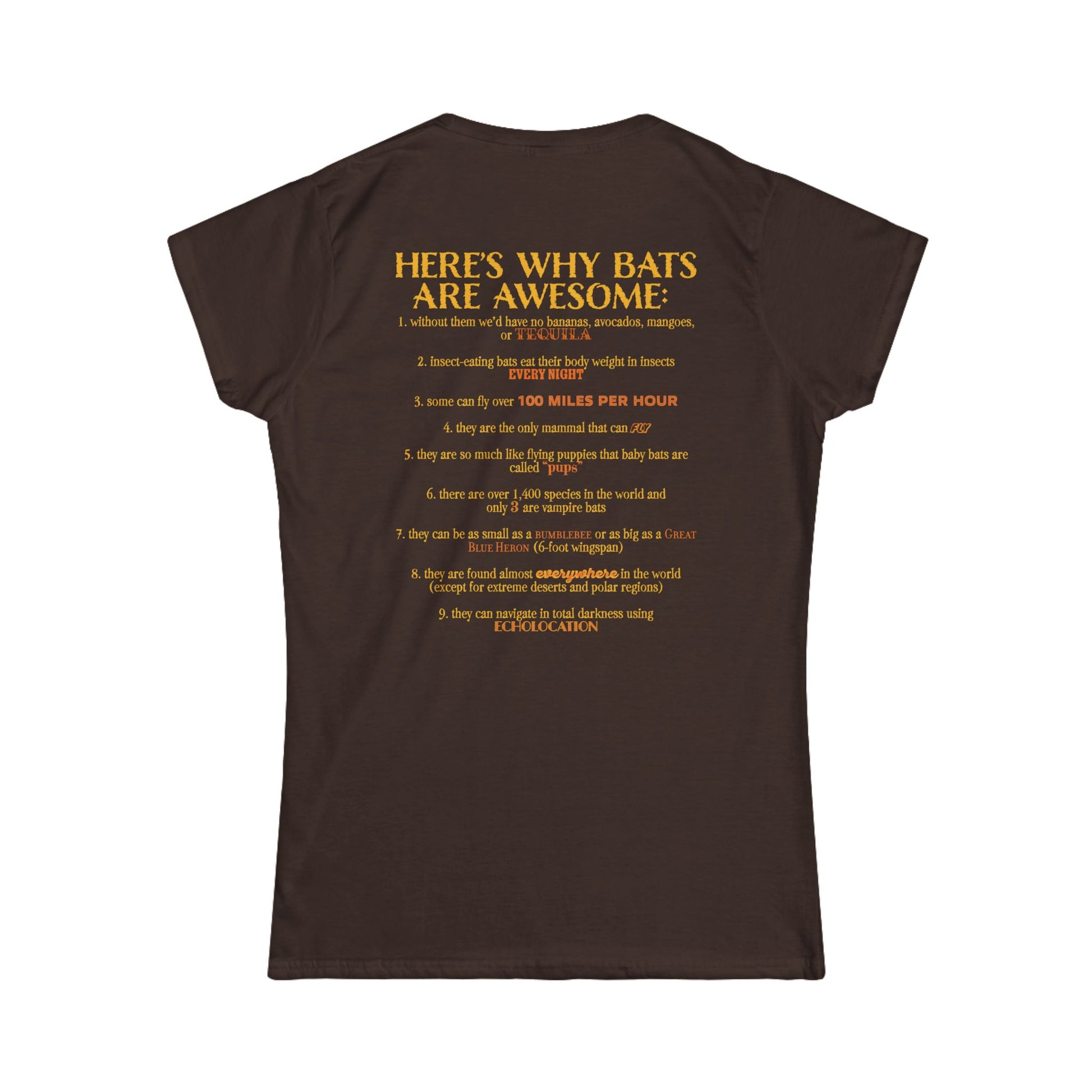Back of a women’s t-shirt in brown, with the heading 'Here’s why bats are awesome' followed by a list of nine bat facts printed beneath it.