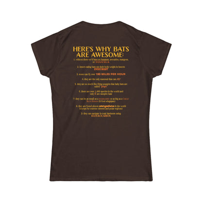 Back of a women’s t-shirt in brown, with the heading 'Here’s why bats are awesome' followed by a list of nine bat facts printed beneath it.