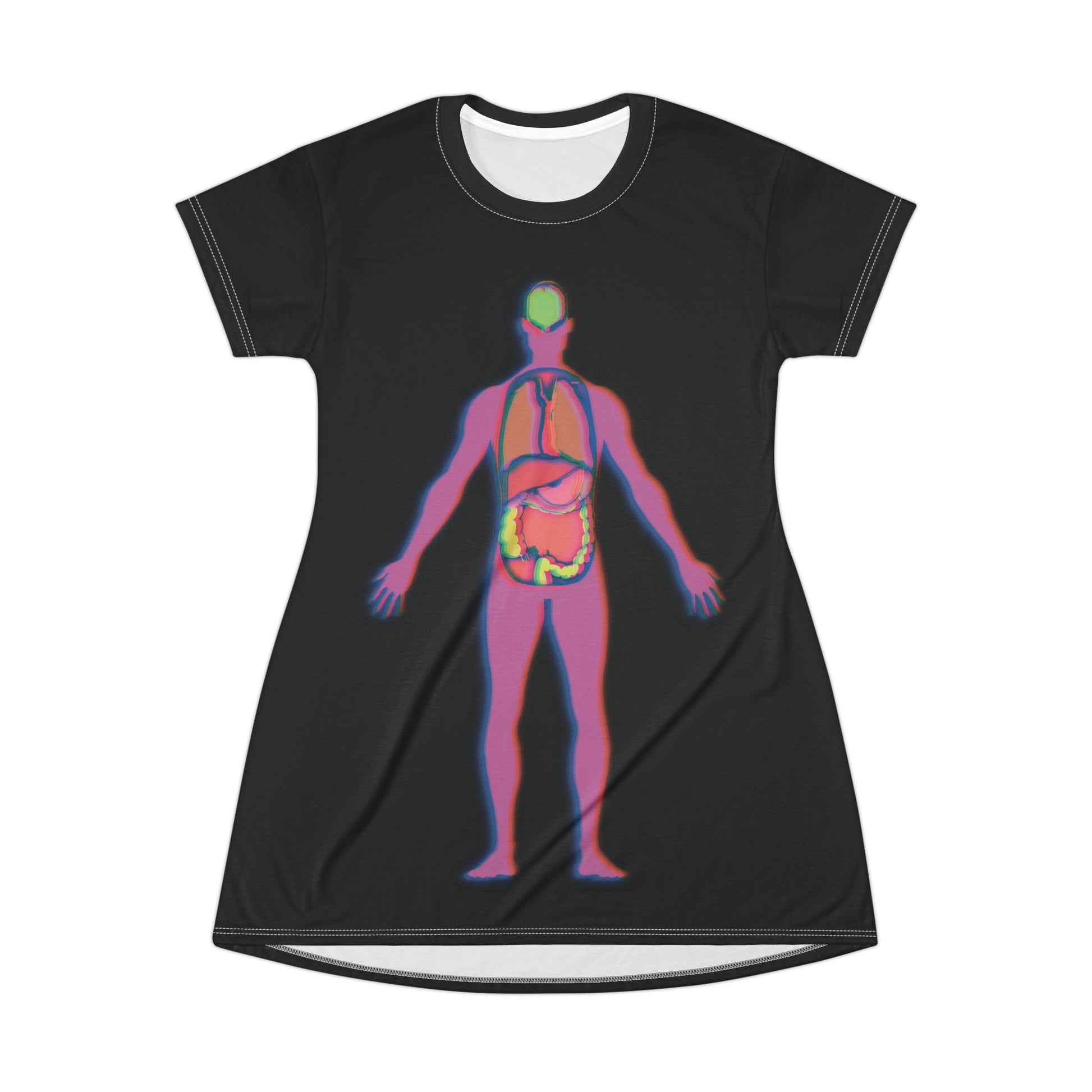 A black t-shirt dress featuring a colorful anatomical illustration of the body’s major visceral organs, including the heart, lungs, liver, stomach, and intestines.