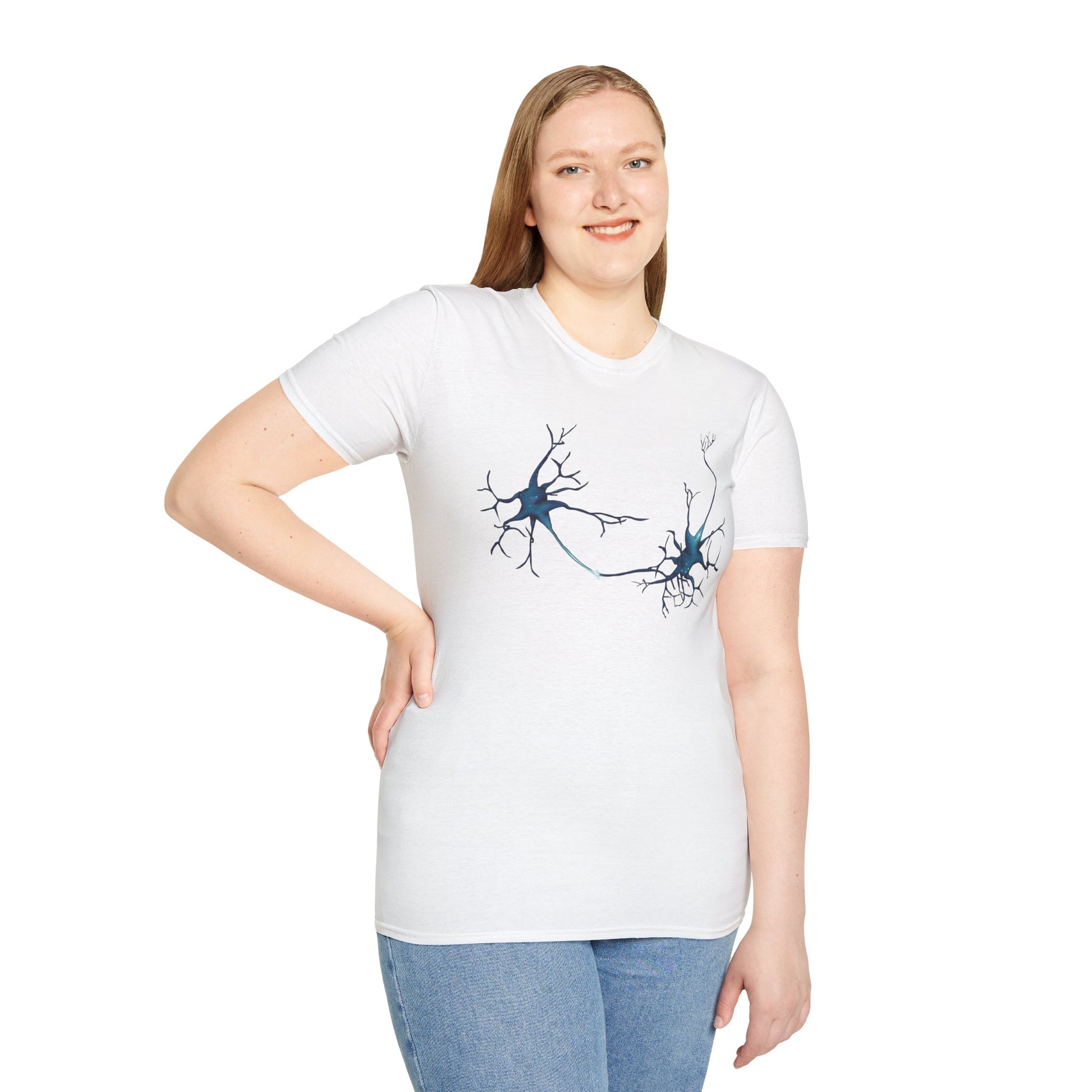 Woman wearing a white t-shirt featuring an illustration of two blue neurons extending toward each other and forming a synapse across the front.
