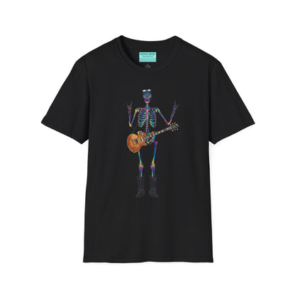 Black t-shirt featuring a tie-dye skeleton holding a guitar, dressed like a classic rocker with boots, a bandana, and rock-style clothing.