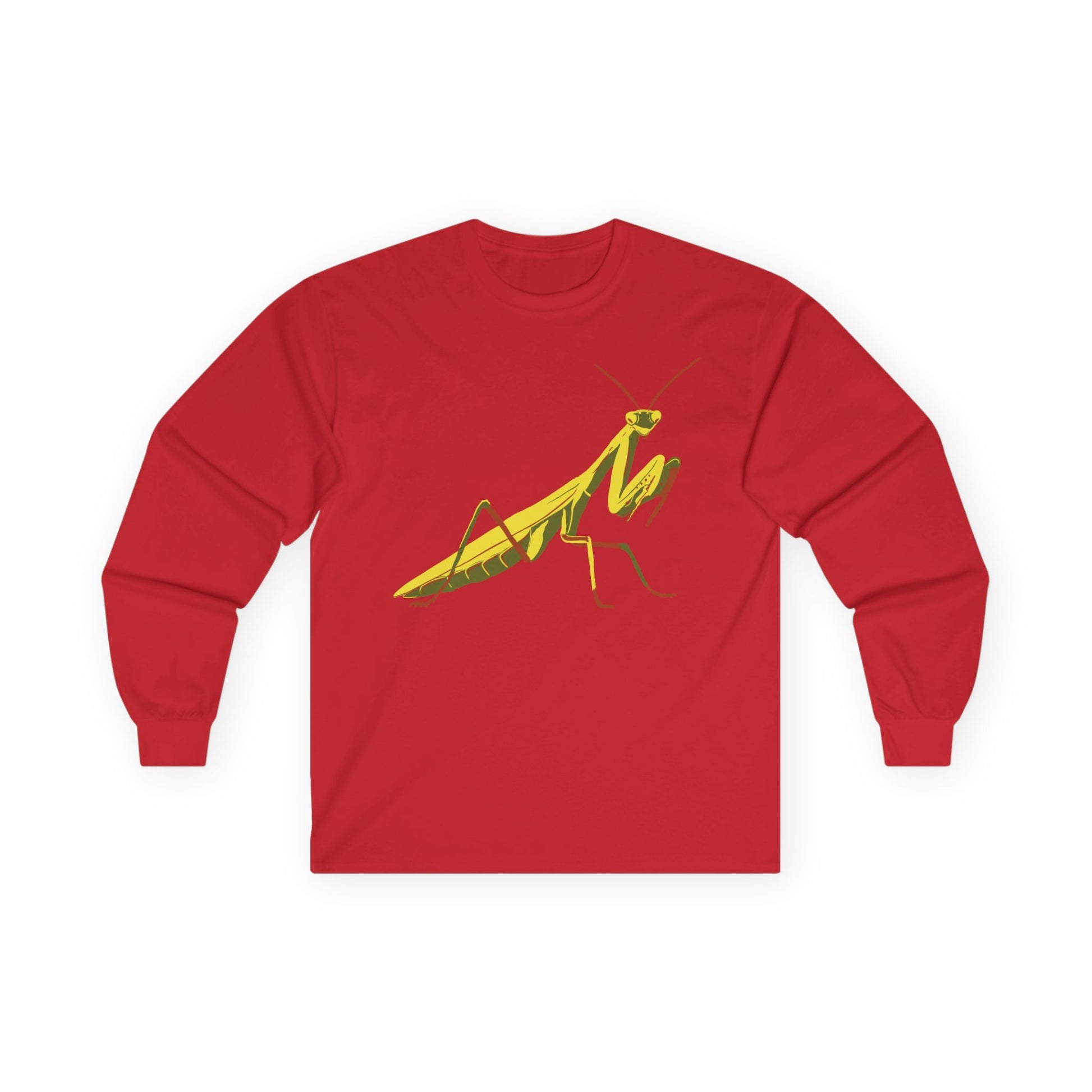 Long sleeve unisex red shirt featuring an illustration of a yellow and green praying mantis insect on the front.