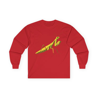 Long sleeve unisex red shirt featuring an illustration of a yellow and green praying mantis insect on the front.