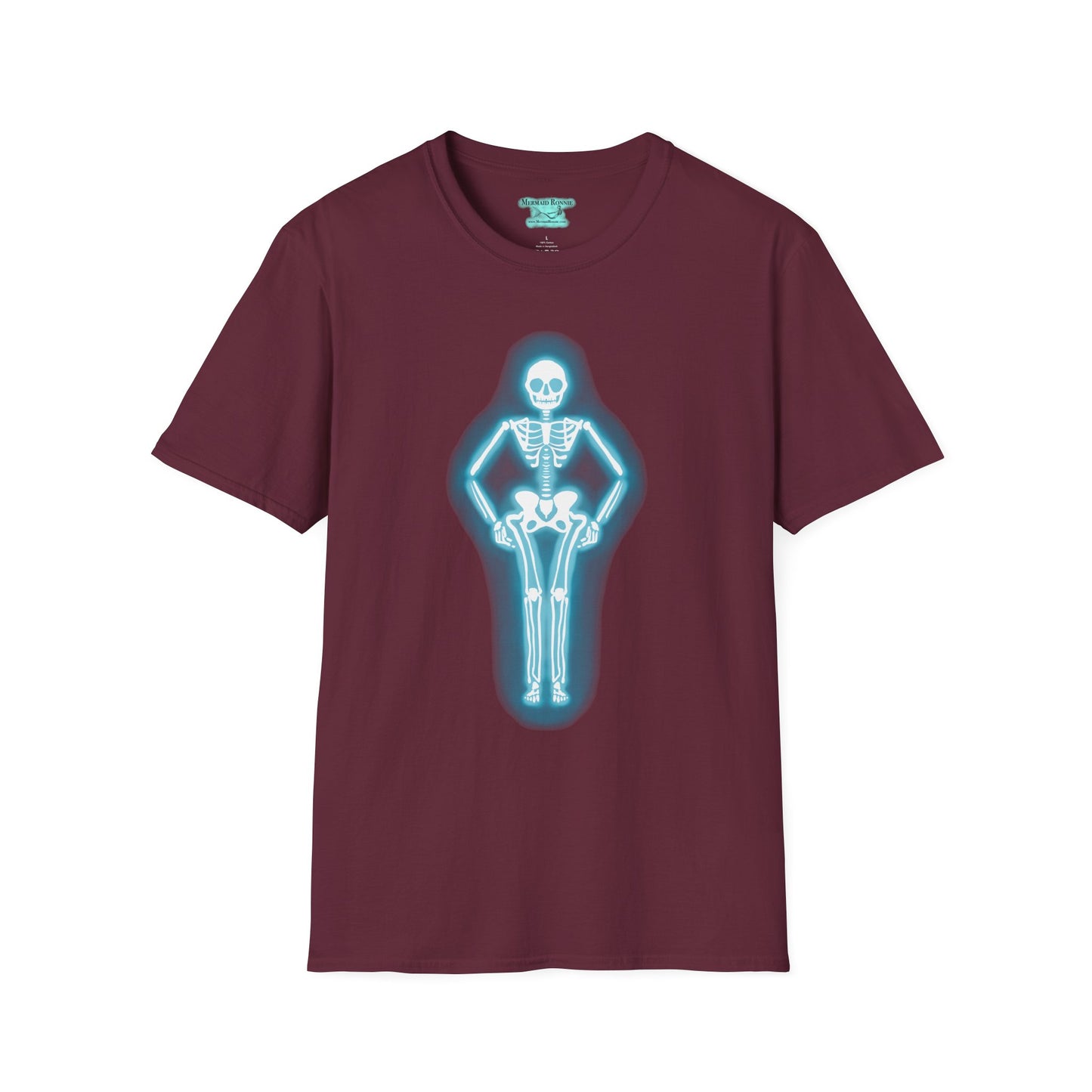 Neon Skeleton Graphic T-Shirt, Glowing Blue Neon Sign Tee, Unisex Skeleton Shirt