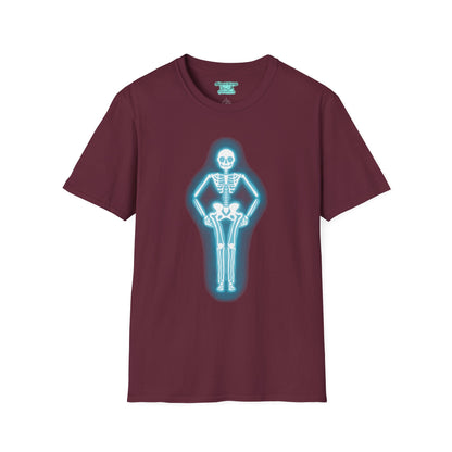 Neon Skeleton Graphic T-Shirt, Glowing Blue Neon Sign Tee, Unisex Skeleton Shirt