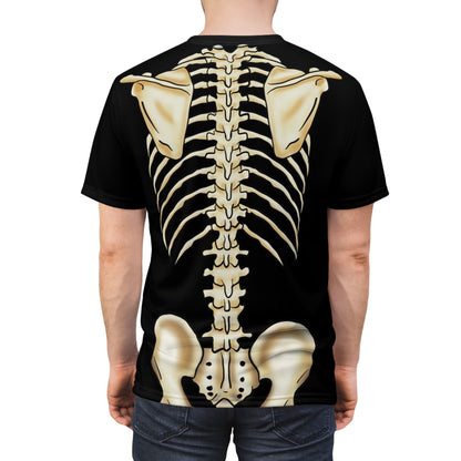 Posterior view of a man wearing a unisex black athletic t-shirt with a detailed anatomical skeleton design that looks like an x-ray—perfect for when you want to flex your muscles and your inner structure.