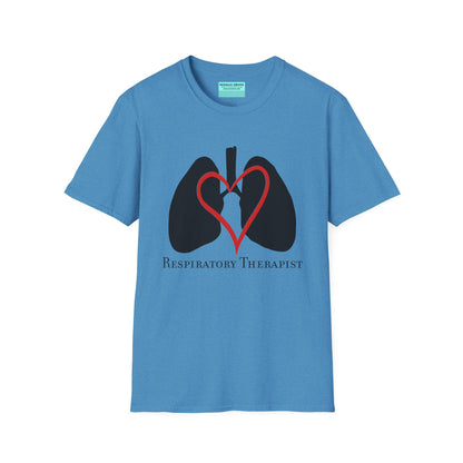 Light blue unisex short sleeve t-shirt with a graphic illustration of a heart and lungs; the words "respiratory therapist" are printed below the design.