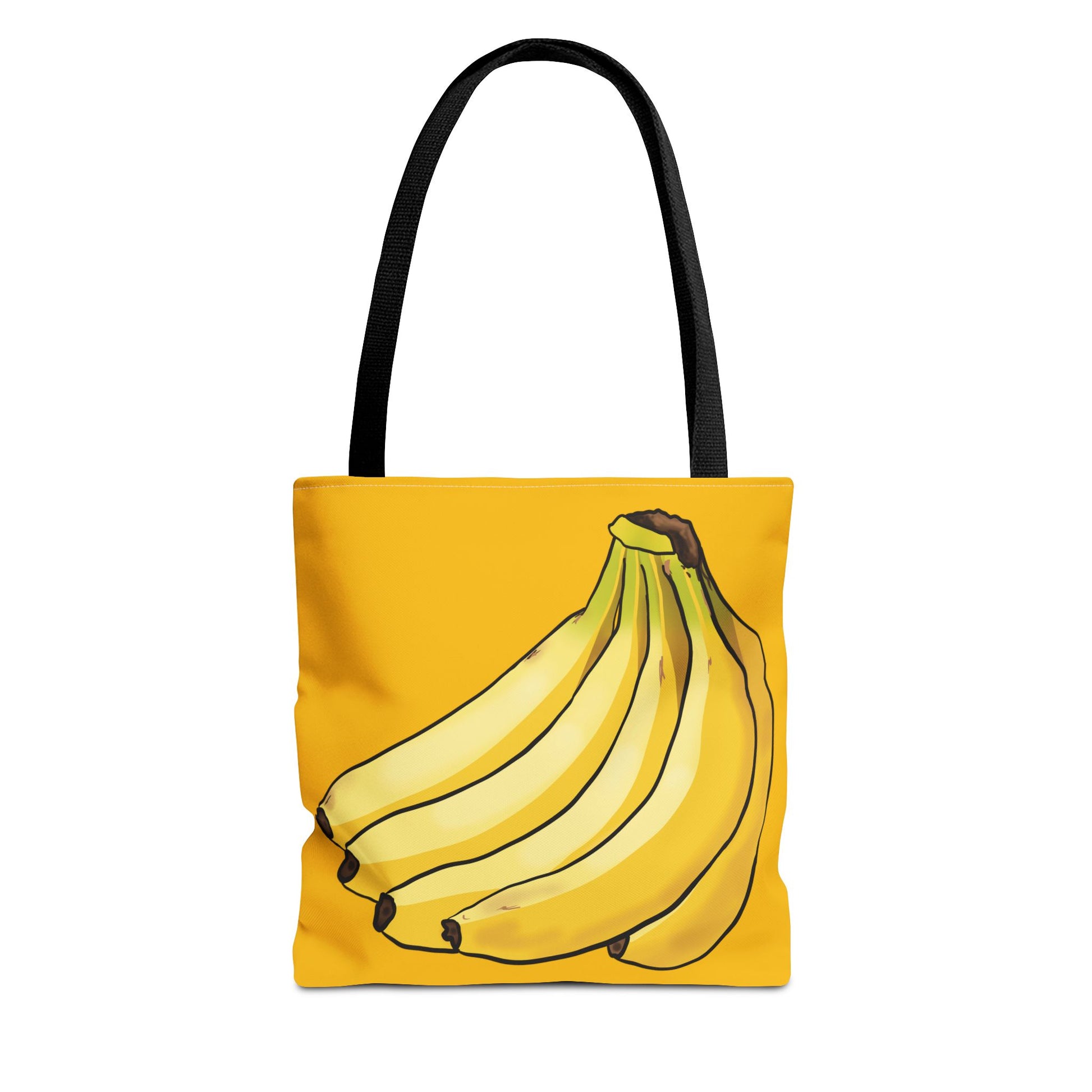 Yellow tote bag featuring a playful illustration of a bunch of bananas on the front, set against a solid yellow background.
