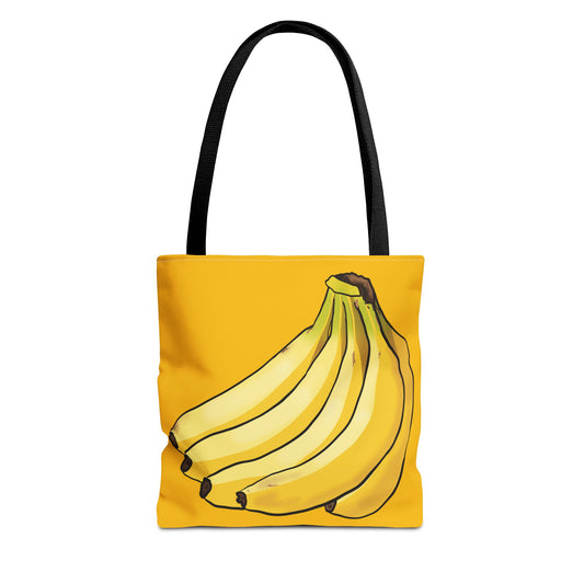 Yellow tote bag featuring a playful illustration of a bunch of bananas on the front, set against a solid yellow background.