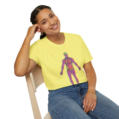 Woman wearing a yellow t-shirt featuring an illustration of an anatomical figure with internal organs shown in different colors.
