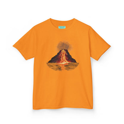 An orange kid's t-shirt featuring a fiery illustration of an erupting volcano—because even the most explosive adventures start with a great outfit!