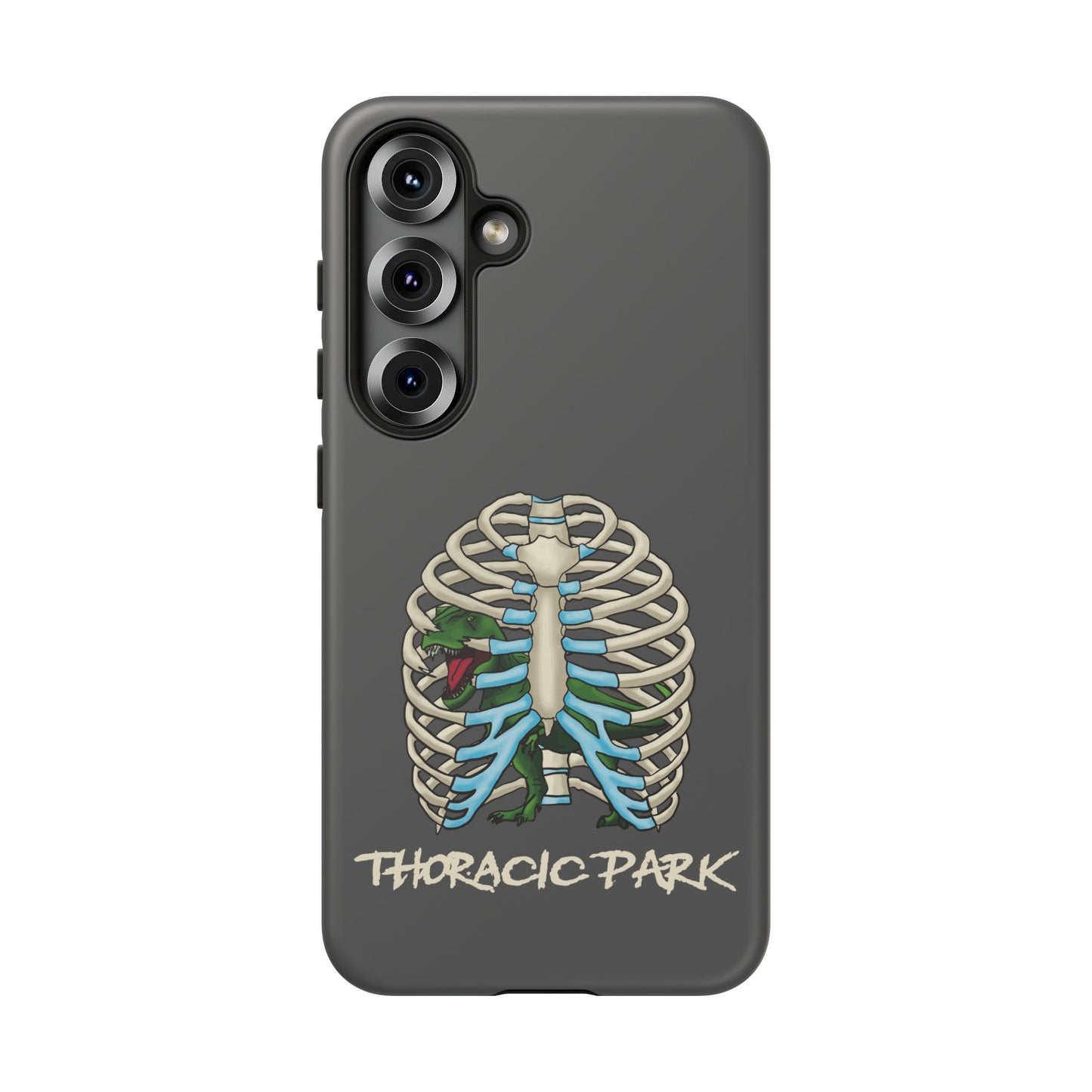 Thoracic Park Phone Case, Dinosaur In Rib Cage Anatomy Pun, Grey Protective Cover for iPhone, Google Pixel, Samsung Galaxy