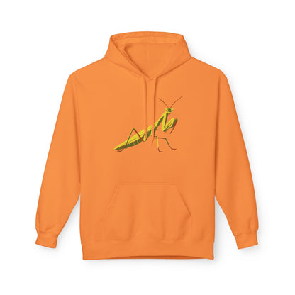 An orange unisex pullover hoodie featuring a striking illustration of a yellow and green praying mantis—because sometimes, you need to channel your inner insect warrior while staying cozy.