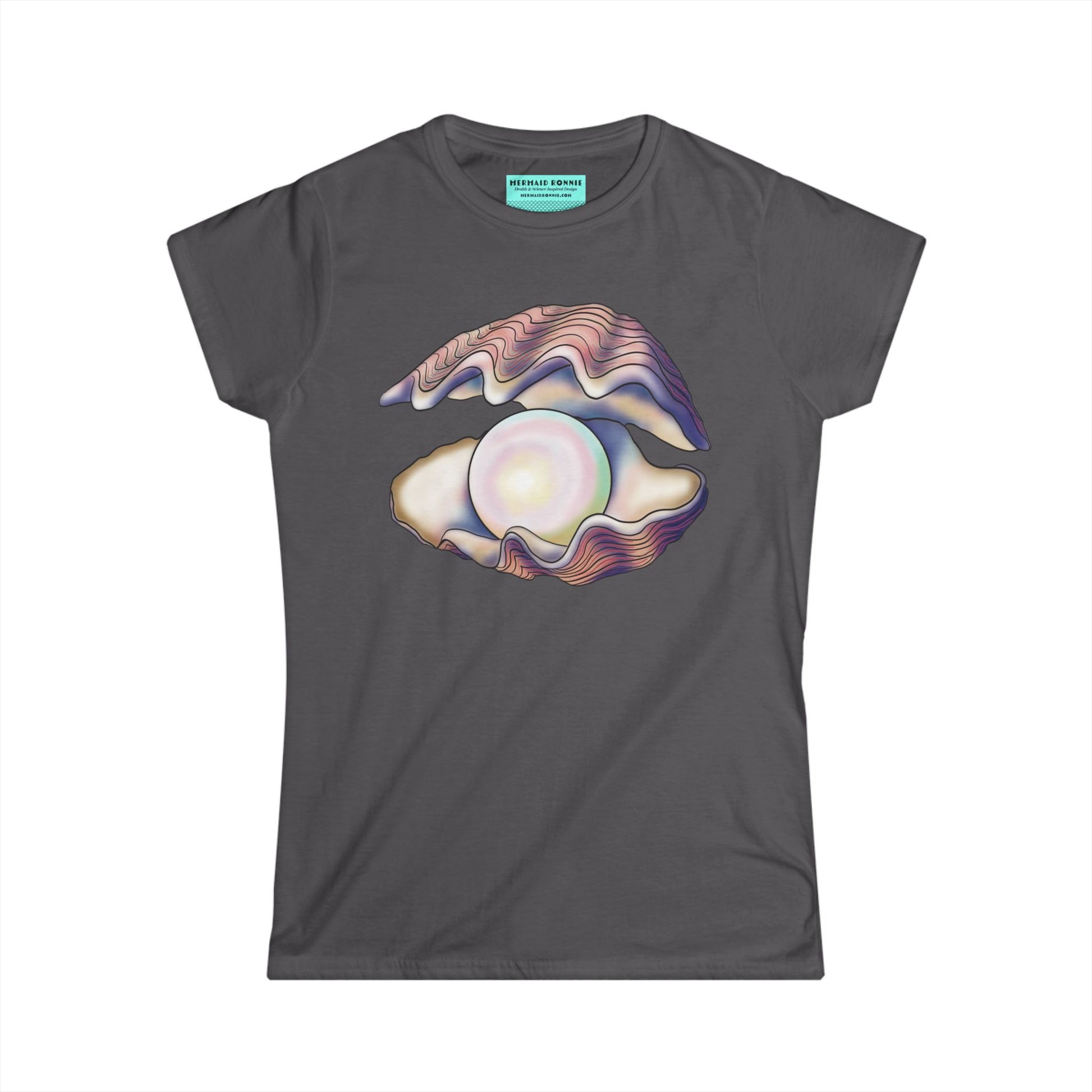 Women’s t-shirt in charcoal grey featuring an illustration of an open oyster with a large iridescent pearl inside.