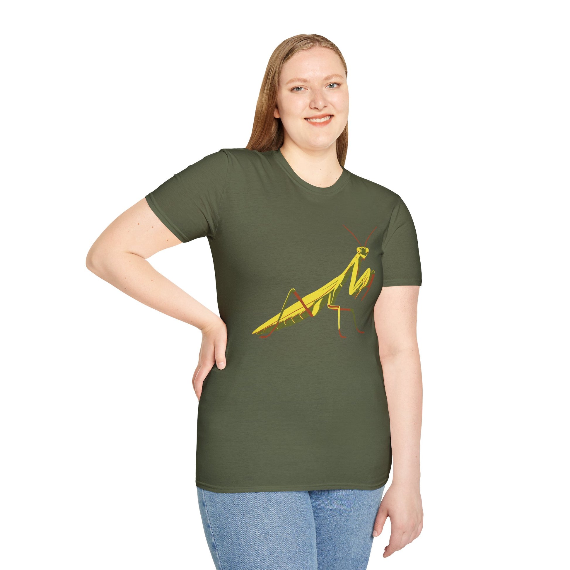 Woman wearing a military green shirt featuring an illustration of a green praying mantis on the front.