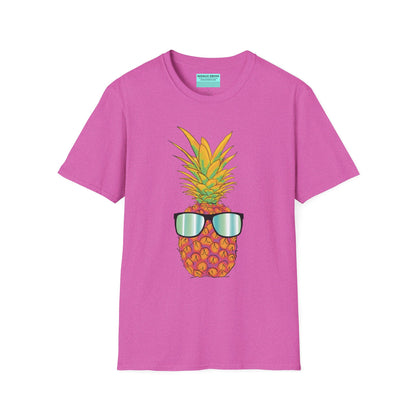 Pink t-shirt featuring a drawing of a pineapple wearing sunglasses.