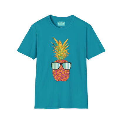 Blue t-shirt featuring a drawing of a pineapple wearing sunglasses.