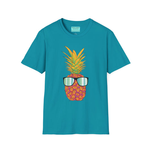 Blue t-shirt featuring a drawing of a pineapple wearing sunglasses.