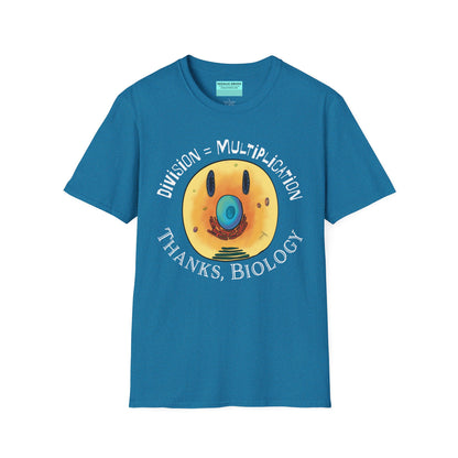 Light blue t-shirt featuring an illustration of a cell, with cellular organelles arranged to create a smiley face. The text 'Division = Multiplication. Thanks, Biology' is displayed surrounding the image.