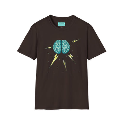 Brown unisex short sleeve tee featuring an illustration of a brain with lightning bolts and rain pouring from it, giving a literal twist to the term "brainstorm"—because sometimes, even the best ideas need a little weathering!