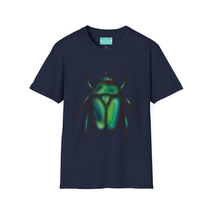 Navy t-shirt featuring an illustration of a June bug (green chafer beetle) across the chest.