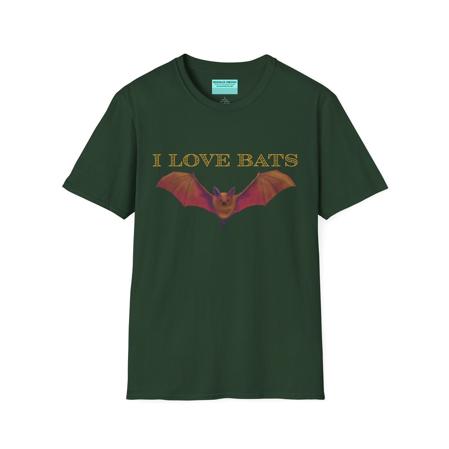 Forest green t-shirt featuring an irresistibly adorable brown bat with outstretched wings across the chest and the text “I love bats” — perfect for anyone who’s batty about flying mammals.