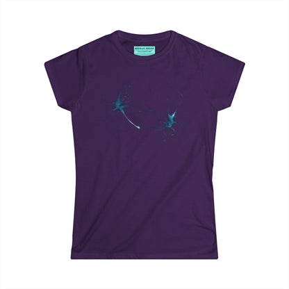 Women’s t-shirt in dark purple featuring an illustration of two multipolar neurons forming a synapse.
