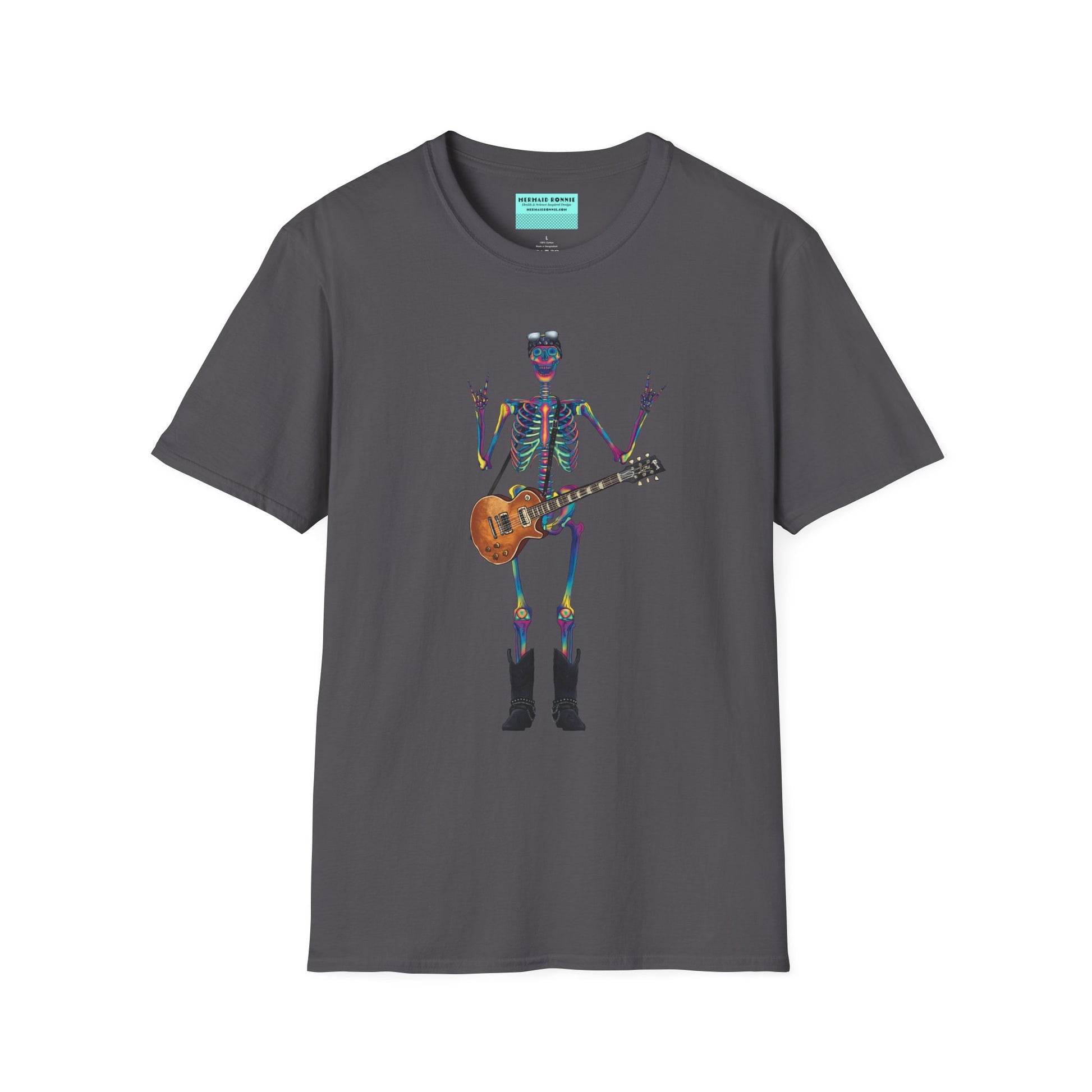 Dark grey t-shirt featuring a tie-dye skeleton holding a guitar, dressed like a classic rocker with boots, a bandana, and rock-style clothing.