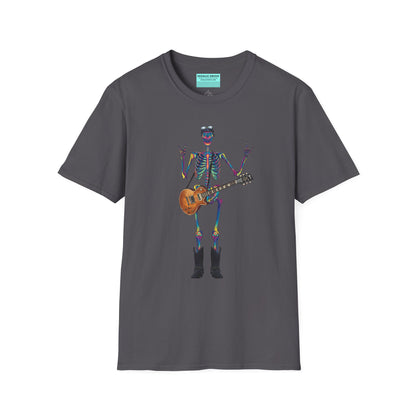 Dark grey t-shirt featuring a tie-dye skeleton holding a guitar, dressed like a classic rocker with boots, a bandana, and rock-style clothing.