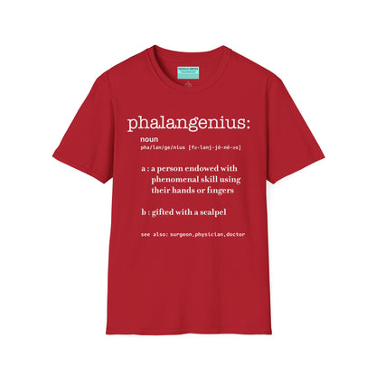 Red t-shirt featuring a dictionary-style definition of the term 'Phalangenius,' a humorous play on the terms 'phalange' and 'genius,' aimed at surgeons.