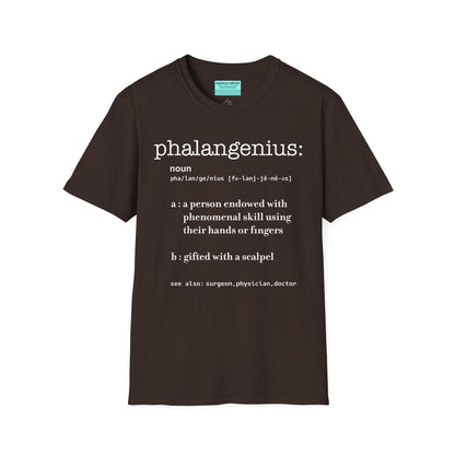 Brown t-shirt featuring a dictionary-style definition of the term 'Phalangenius,' a humorous play on the terms 'phalange' and 'genius,' aimed at surgeons.
