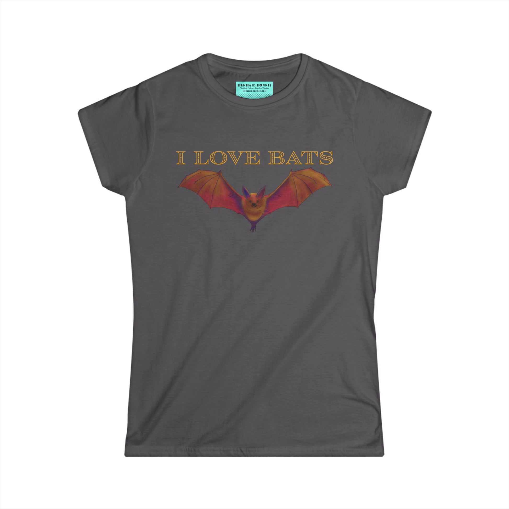 Women’s t-shirt in charcoal grey featuring a drawing of a brown bat and text that reads 'I love bats.'