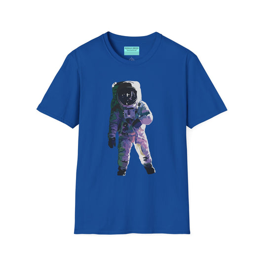 Royal blue t-shirt featuring a drawing of an astronaut in a space suit.