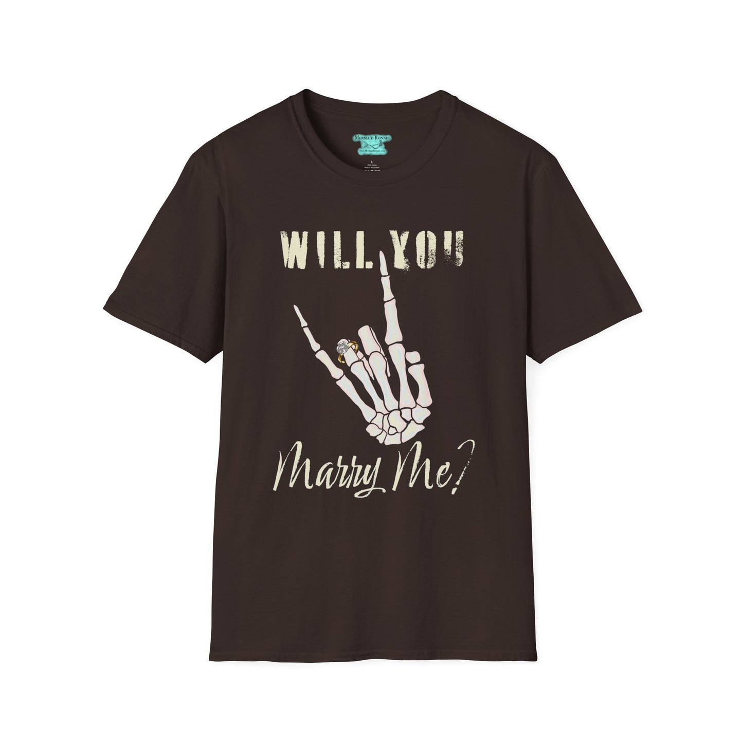 Will You Marry Me T-Shirt, Skeleton Rock and Roll Symbol, Unisex Wedding Proposal Tee
