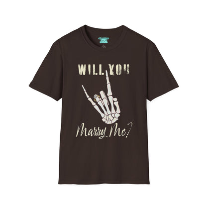 Will You Marry Me T-Shirt, Skeleton Rock and Roll Symbol, Unisex Wedding Proposal Tee