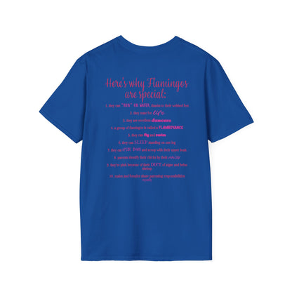 Back of a royal blue unisex short-sleeve tee that proudly declares “Here’s why flamingos are special” above a list of 10 fun flamingo facts — because nothing says style like bird-based trivia on your back.